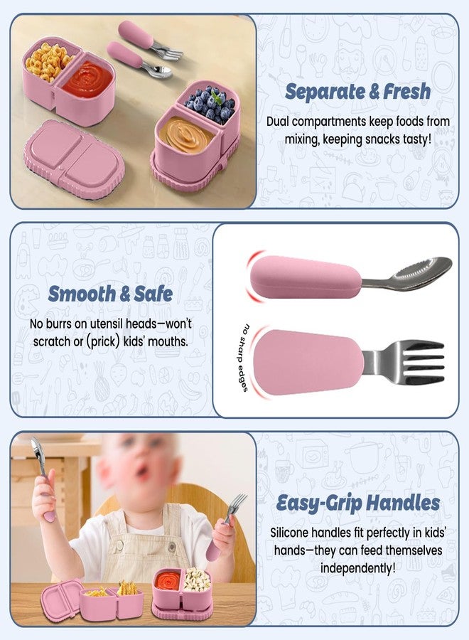 GUDGI Silicone Snack Containers for Kids (8.5Oz, 2-Compartment)+ Kids Silicone Cutlery Set (Spoon and Fork) - BPA Free, Leak Proof, Great for Toddler/Kid/Adult Meal Prep Containers (pink) - Image 4