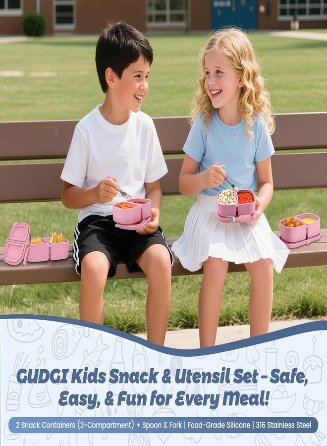 GUDGI Silicone Snack Containers for Kids (8.5Oz, 2-Compartment)+ Kids Silicone Cutlery Set (Spoon and Fork) - BPA Free, Leak Proof, Great for Toddler/Kid/Adult Meal Prep Containers (pink) - Image 5