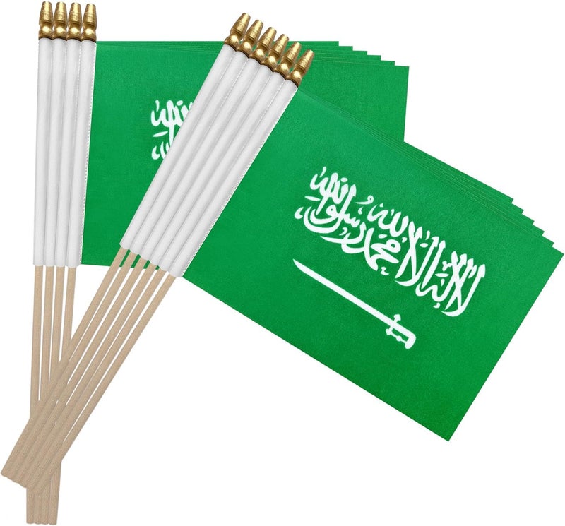 SODANEED 10 Pack Hand Held Saudi Arabian Flag, Small SA Flags/Mini Saudi Flag for Outside 4x6 Inch, Saudi Arabian Stick Flags with Golden Kid-Safe Spear Top, Saudi Arabia  Decorations - Image 1