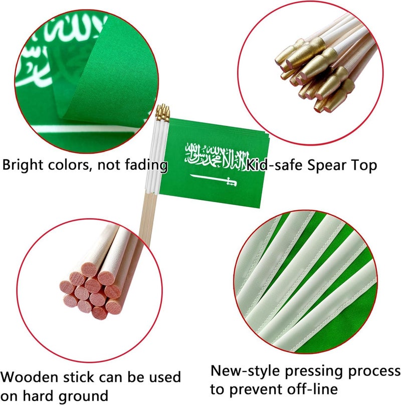 SODANEED 10 Pack Hand Held Saudi Arabian Flag, Small SA Flags/Mini Saudi Flag for Outside 4x6 Inch, Saudi Arabian Stick Flags with Golden Kid-Safe Spear Top, Saudi Arabia  Decorations - Image 3