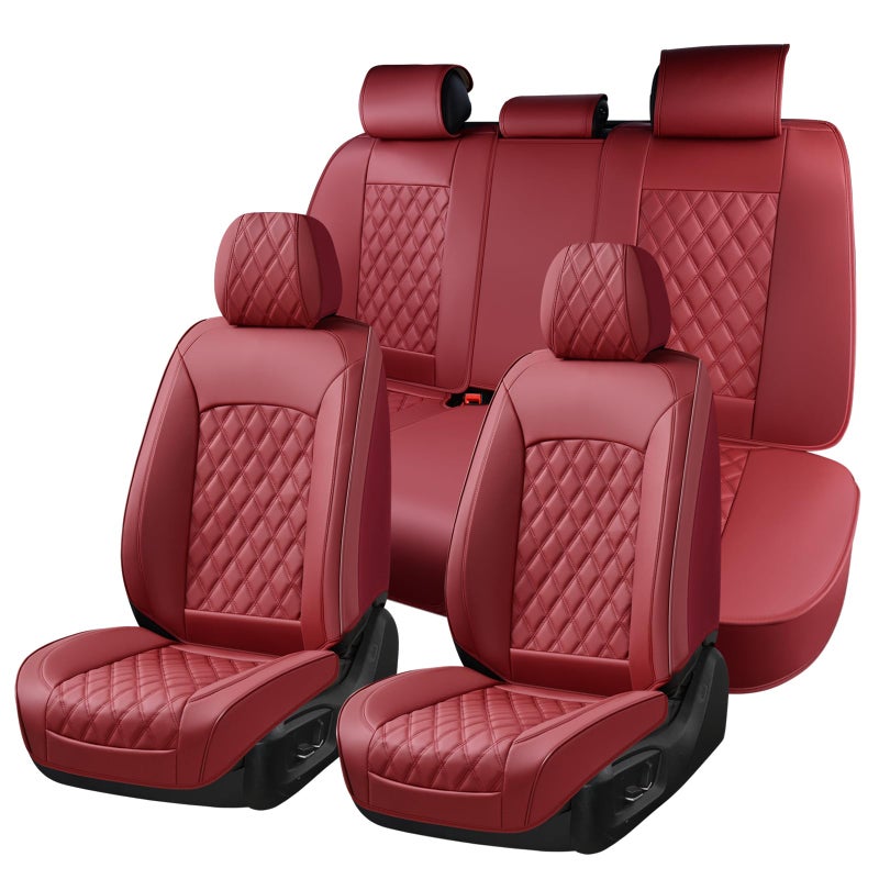 Huidasource Red Seat Covers, Nappa Leather Car Seat Covers, Automotive Seat Covers Velcro Adjustable, Compatible with Airbags, Child Seat, Fit for Most Cars, Vans, Trucks, SUVs (Full Set/Red) - Image 1