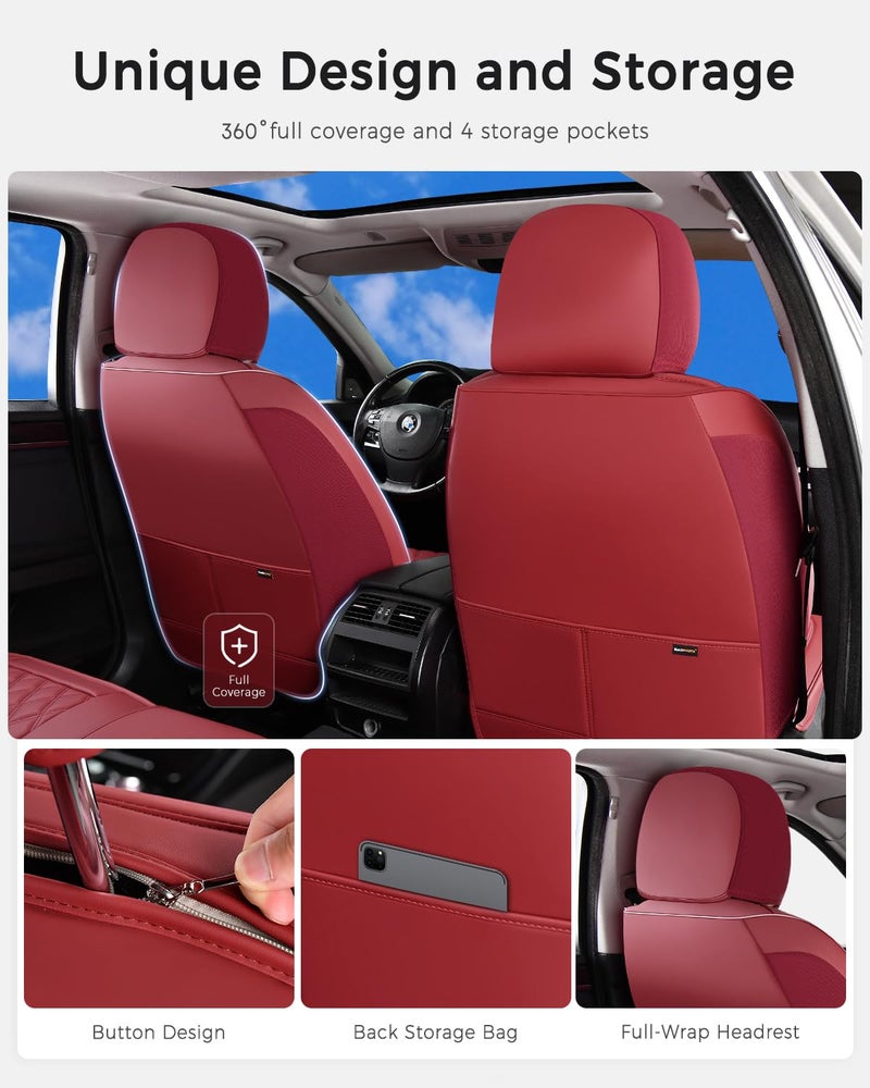 Huidasource Red Seat Covers, Nappa Leather Car Seat Covers, Automotive Seat Covers Velcro Adjustable, Compatible with Airbags, Child Seat, Fit for Most Cars, Vans, Trucks, SUVs (Full Set/Red) - Image 5