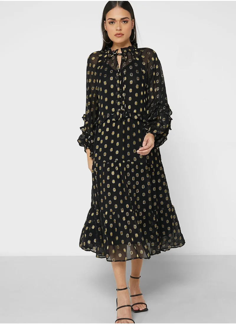 WAREHOUSE Tie Neck Polka Dot Ruffle Detail Dress