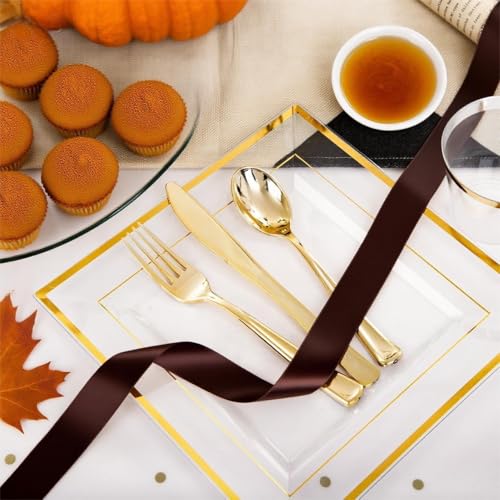 Festiva 350Pcs Clear Plastic Plates with Gold rim - Clear Gold Disposable Dinnerware for 50 Guests includeSquare Plastic Plates/Cups/Cutlery/Napkins Perfect for Thanksgiving Party&Wedding &Xmas - Image 5