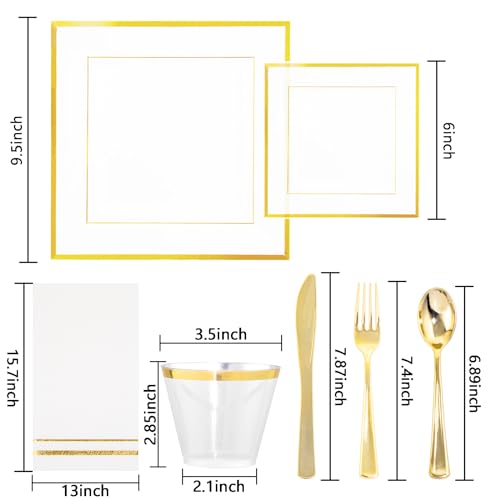 Festiva 350Pcs Clear Plastic Plates with Gold rim - Clear Gold Disposable Dinnerware for 50 Guests includeSquare Plastic Plates/Cups/Cutlery/Napkins Perfect for Thanksgiving Party&Wedding &Xmas - Image 2