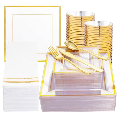 Festiva 350Pcs Clear Plastic Plates with Gold rim - Clear Gold Disposable Dinnerware for 50 Guests includeSquare Plastic Plates/Cups/Cutlery/Napkins Perfect for Thanksgiving Party&Wedding &Xmas - Image 1