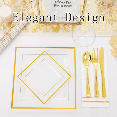 Festiva 350Pcs Clear Plastic Plates with Gold rim - Clear Gold Disposable Dinnerware for 50 Guests includeSquare Plastic Plates/Cups/Cutlery/Napkins Perfect for Thanksgiving Party&Wedding &Xmas - Image 3