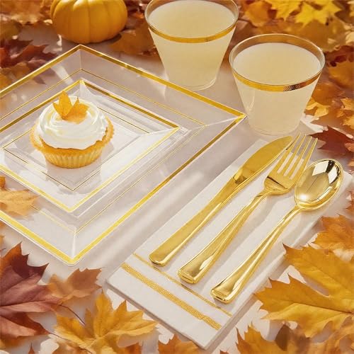 Festiva 350Pcs Clear Plastic Plates with Gold rim - Clear Gold Disposable Dinnerware for 50 Guests includeSquare Plastic Plates/Cups/Cutlery/Napkins Perfect for Thanksgiving Party&Wedding &Xmas - Image 4
