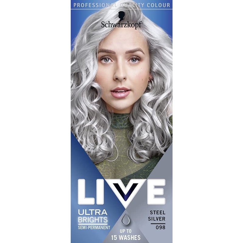 Live Schwarzkopf LIVE Ultra Brights Steel Silver Semi-Permanent Hair Dye 098, Silver Hair Dye for Bright or Pastel Hair Colour, Vibrant Colour Lasts up to 15 Washes - Image 1