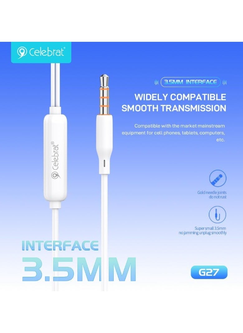 Celebrat - Celebrat G27 Wired Stereo Sound Earphones With Microphone And Controller Button Pure And Lossless Audio Quality And Clarity In Calls Fits Various Smart Devices 3.5 mm Audio Pin - White - Image 1
