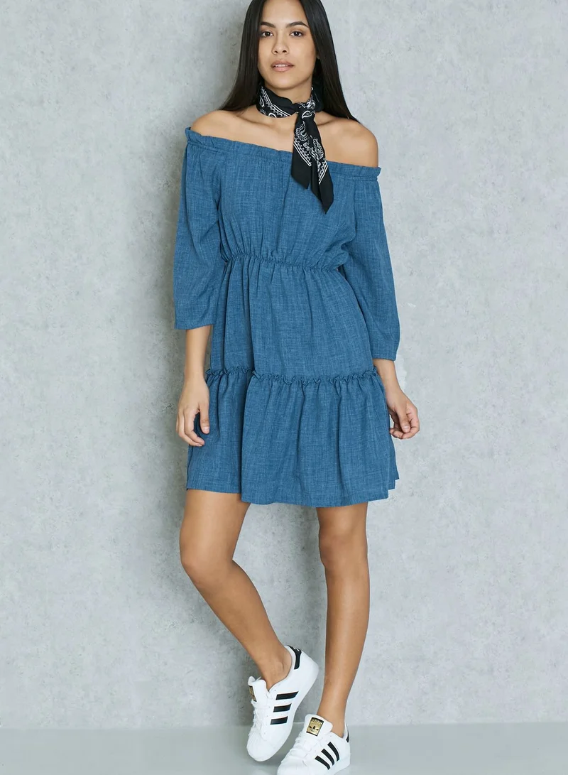 Ginger Denim Bardot Tiered Dress