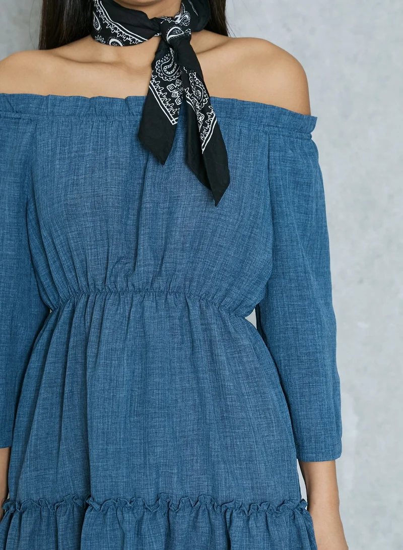 Ginger Denim Bardot Tiered Dress
