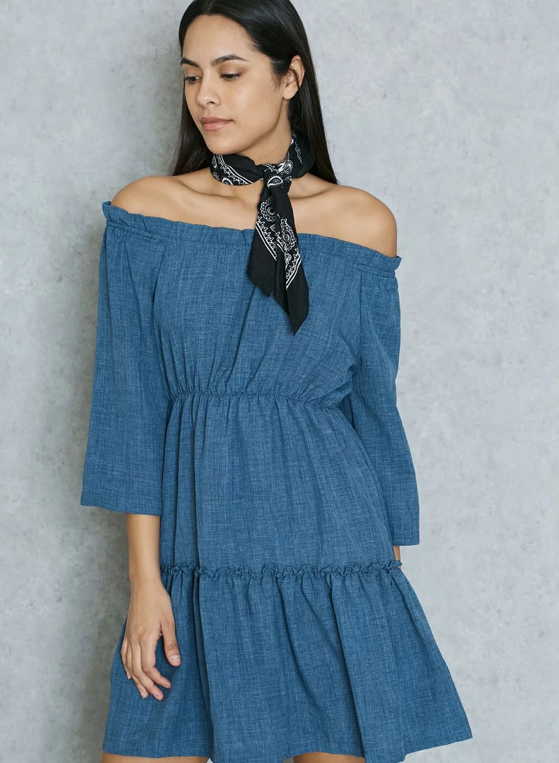 Ginger Denim Bardot Tiered Dress