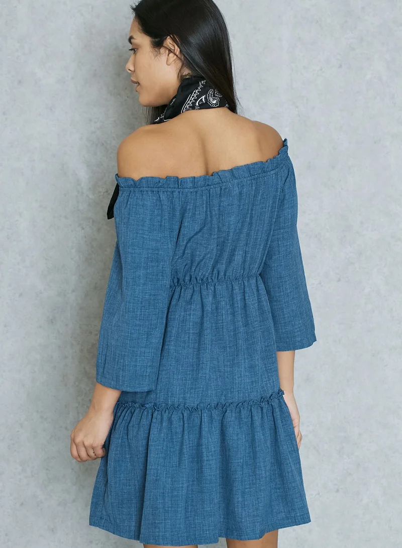 Ginger Denim Bardot Tiered Dress