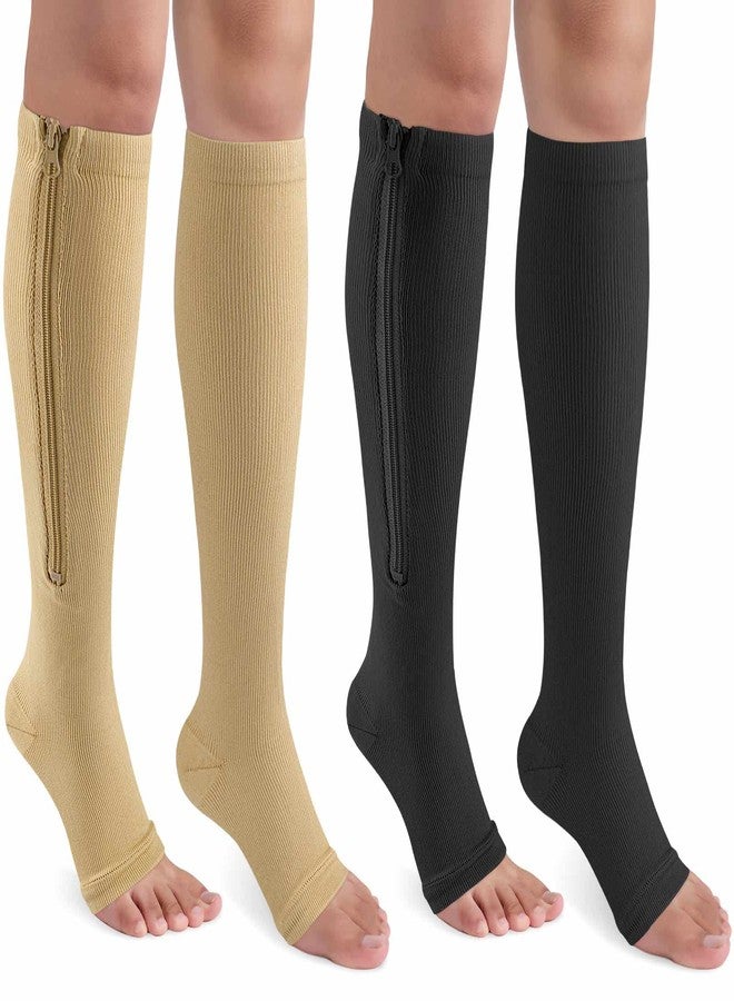 CASMON 2 Pairs Zipper Compression Socks for Women & Men, 15-20 mmHg Open Toe Knee High Support Socks for Varicose Vein Edema - Image 1