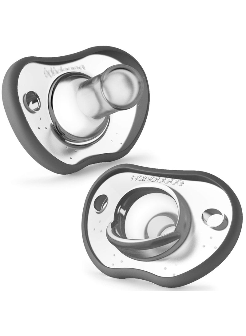 NANOBÉBÉ Nanobebe Baby Pacifiers 0-3 Month - Orthodontic, Curves Comfortably with Face Contour, Award Winning for Breastfeeding Babies, 100% Silicone, Perfect Baby Registry Gift 2pk,Grey - Image 1