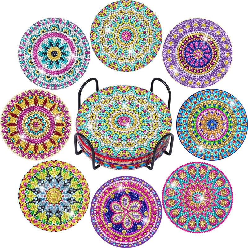 Billbotk Diamond Painting Coasters Kit, 8 Pieces Mandala with Holder, DIY Art for Beginners - Image 1