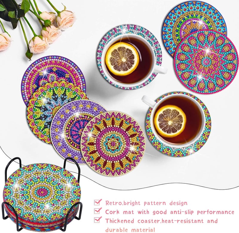 Billbotk Diamond Painting Coasters Kit, 8 Pieces Mandala with Holder, DIY Art for Beginners - Image 4