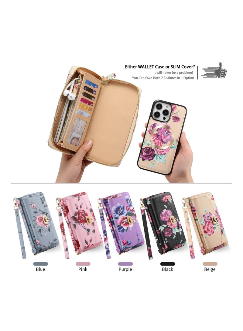 Suteni Floral Flip Cover Leather Protective Hidden Card Slots with Mirror Phone Case for iPhone - Image 2