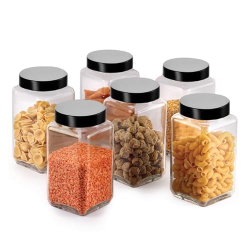 Vency Glass Cubical Square 1000ml Transparent Glass Jars & Containers for Kitchen Pantry, Snacks, Masala, Pickles, Cookies, Dry Fruits, Coffee Storage with Black Plastic Lid (1000ml, Set Of 6) - Image 1