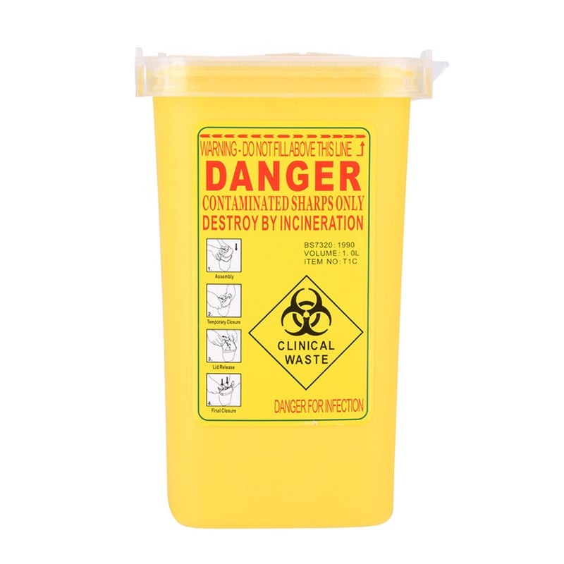 Tattoo Medical Plastic Sharps Container Biohazard Needle Disposal 1L Size Waste Box Yellow - Image 1