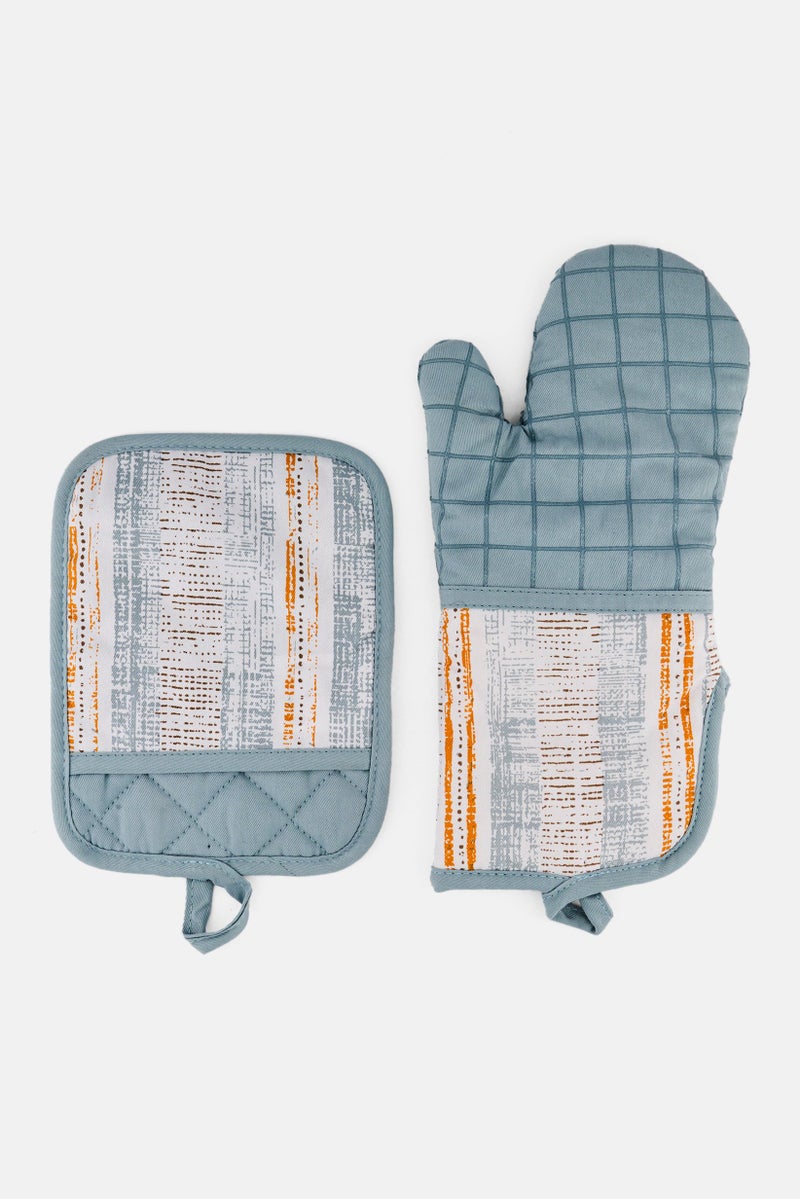 Bebe Home 2 Pcs Allover Print Oven Gloves And Pot Mat Set, Grey - Image 1