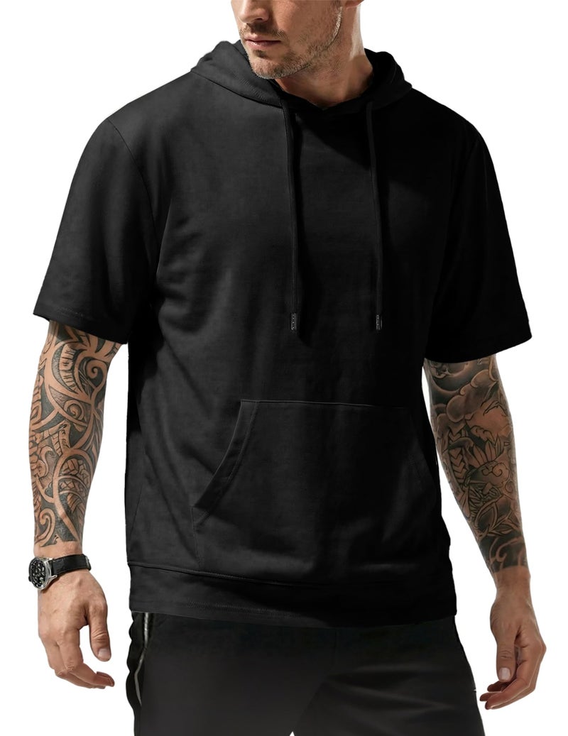 JMIERR Mens Short Sleeve Hoodie Lightweight Gym Shirts for Men Muscle Fit Fashion Hoodies & Sweatshirts, Black M - Image 1