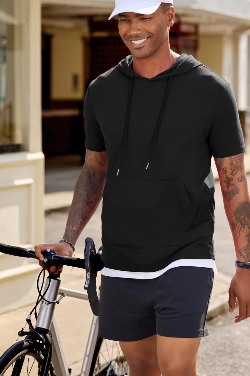 JMIERR Mens Short Sleeve Hoodie Lightweight Gym Shirts for Men Muscle Fit Fashion Hoodies & Sweatshirts, Black M - Image 2