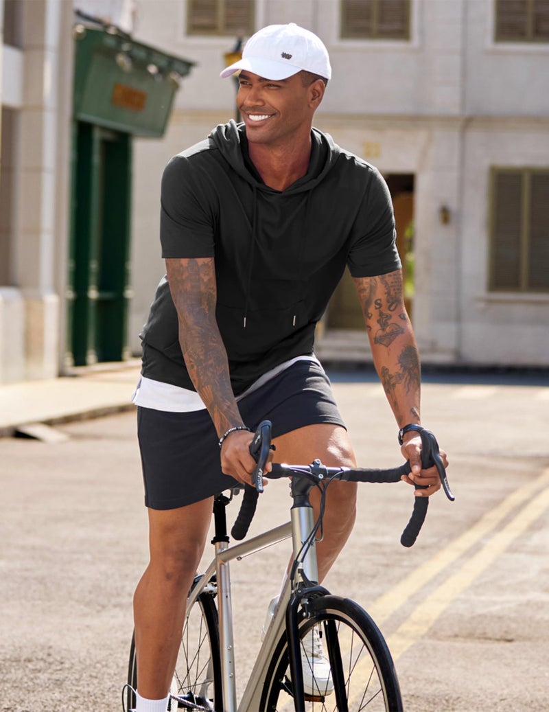 JMIERR Mens Short Sleeve Hoodie Lightweight Gym Shirts for Men Muscle Fit Fashion Hoodies & Sweatshirts, Black M - Image 3