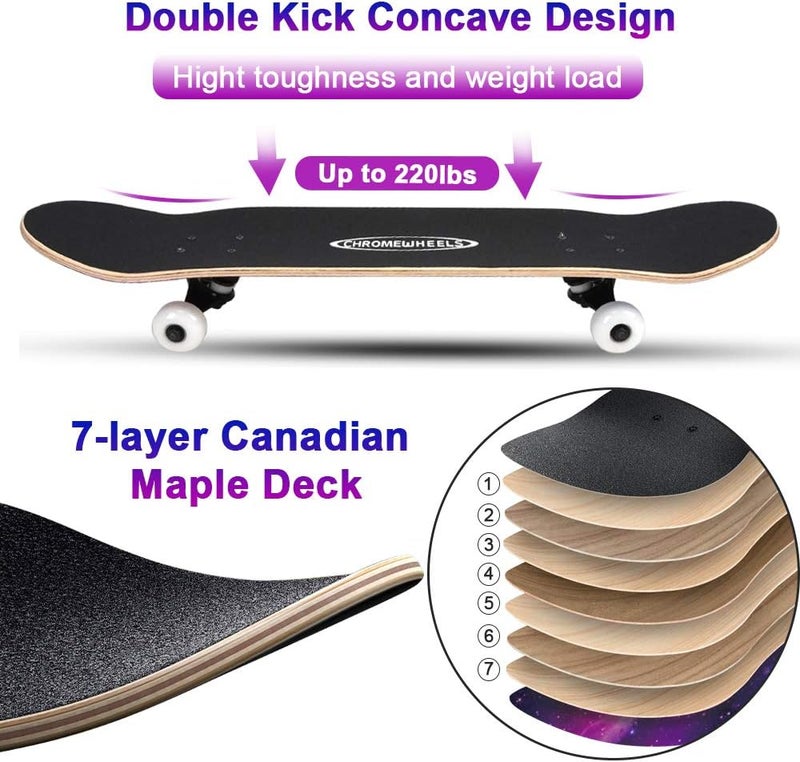 Chrome Wheels 31 inch Skateboard Complete Skateboards Double Kick Skate Board 7 Layer Canadian Maple Deck Skateboard for Kids and Beginners - Image 2