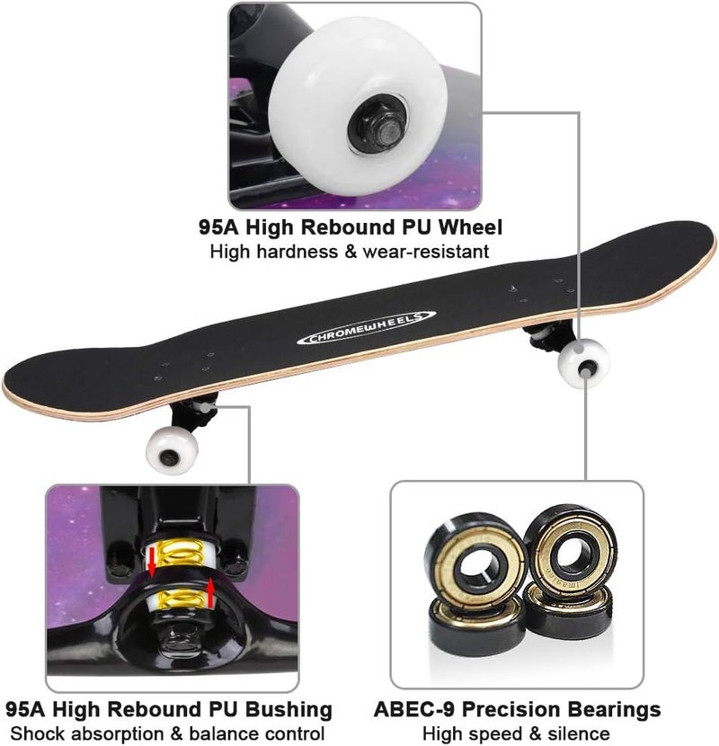 Chrome Wheels 31 inch Skateboard Complete Skateboards Double Kick Skate Board 7 Layer Canadian Maple Deck Skateboard for Kids and Beginners - Image 5