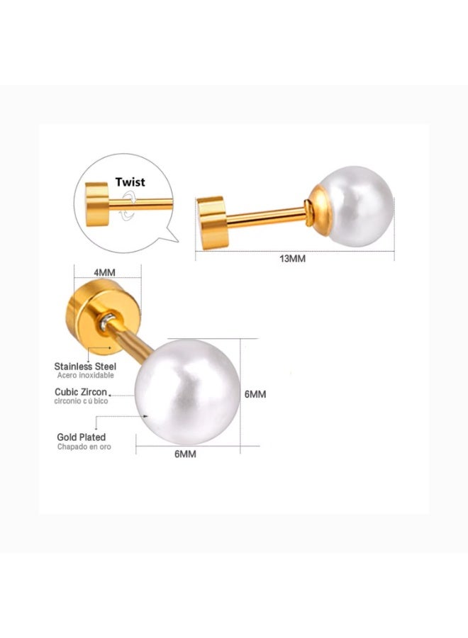 جوليا ستور أقراط مرصعة باللؤلؤ مطلية بالذهب عيار 18 قيراطًا بظهر لولبي وظهر مسطح 6 مم أقراط أنيقة وعصرية من اللؤلؤ على شكل غضروف حلزوني من الفولاذ الجراحي 316L هدية للنساء - Image 2