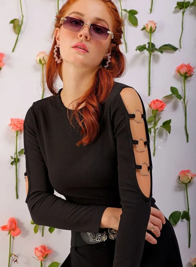 Women Regular Fit Solid Round Neck Long Sleeve Cut Out Top