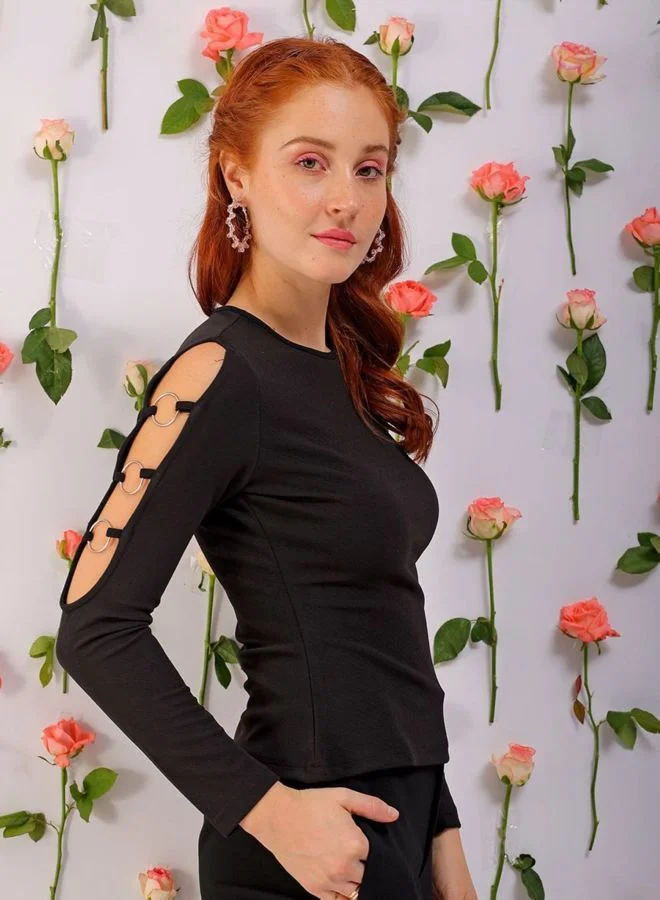 Freehand  Women Regular Fit Solid Round Neck Long Sleeve Cut Out Top  | Best Price UAE