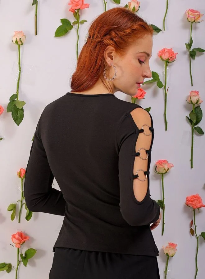 Freehand  Women Regular Fit Solid Round Neck Long Sleeve Cut Out Top  | Best Price UAE