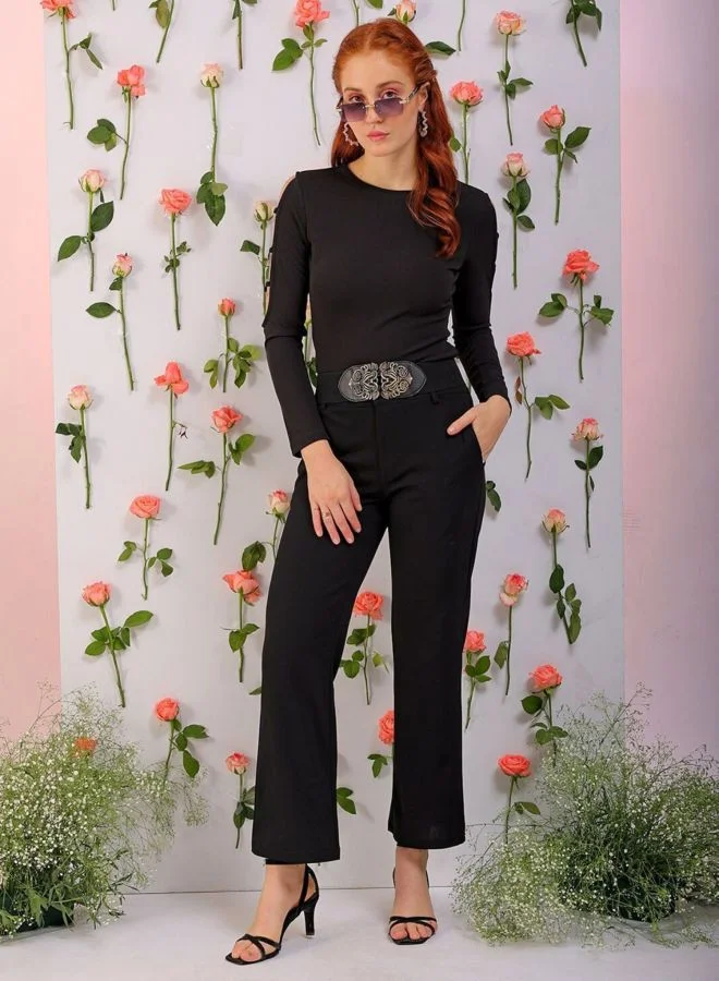 Freehand  Women Regular Fit Solid Round Neck Long Sleeve Cut Out Top  | Best Price UAE