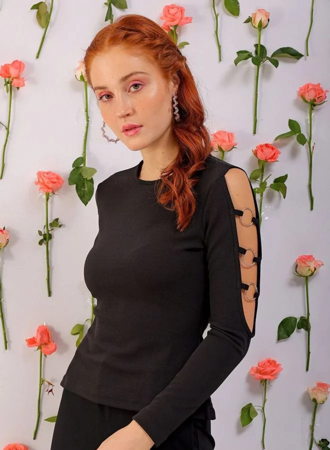 Freehand  Women Regular Fit Solid Round Neck Long Sleeve Cut Out Top  | Best Price UAE