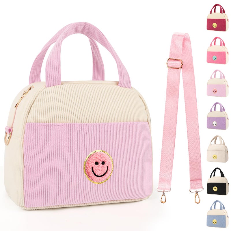 Kids Lunch Bag Lunch Box for Teen Girls Boys Back to School Cute Preppy Lunchbox With Adjustable Shoulder Strap Insulated Corduroy LunchBoxes LunchBags for Women Work Picnic Light Pink