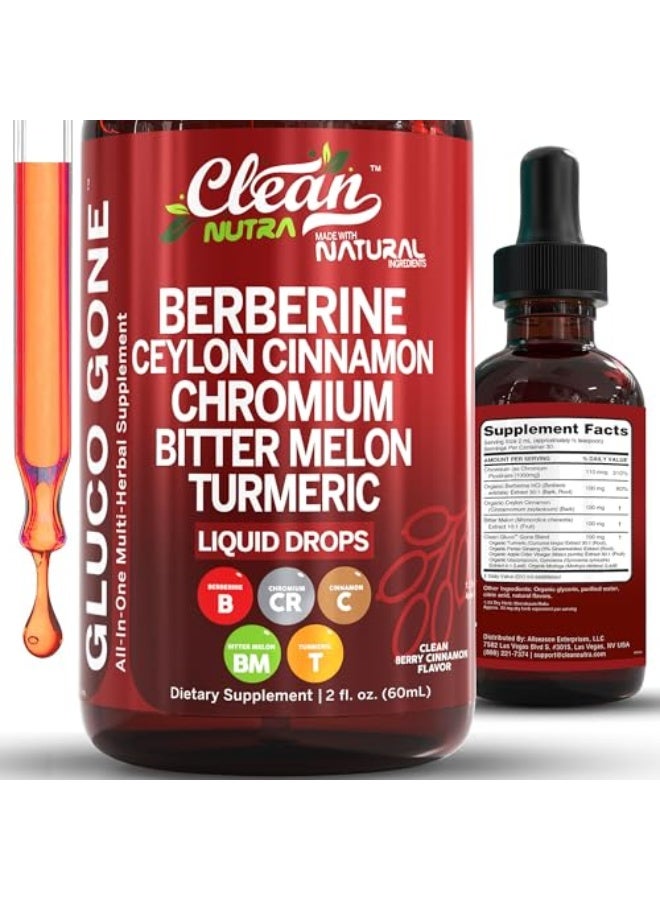 Clean Nutraceuticals Clean Nutra Berberine with Ceylon Cinnamon Supplement Liquid Drops + Bitter Melon Extract, Glucomannan, Gymnema, Chromium, Turmeric, Organic Panax Ginseng, Moringa GLP-1 Support - Image 1