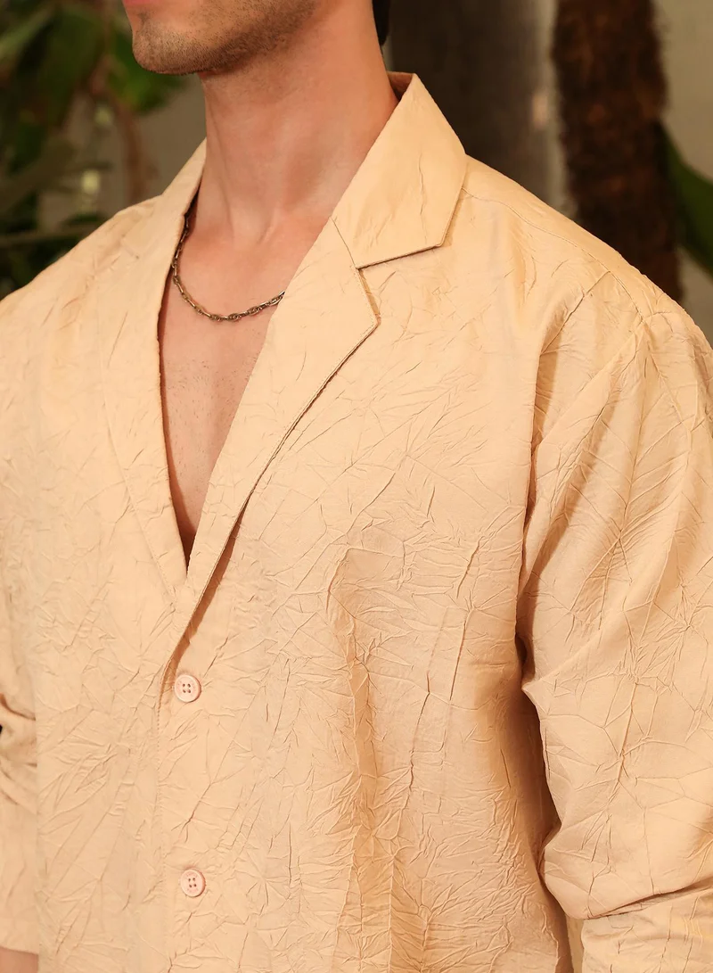 Campus Sutra Campus Sutra Men's Buff Beige Wrinked Korean Oversized Shirt For Casual Wear | Lapel Collar | Long Sleeve | Button Closure | Oversized Shirt Crafted With Comfort Fit For Everyday Wear