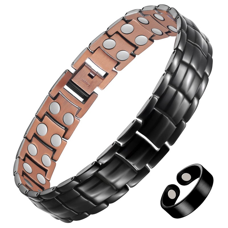 Feraco Mens Copper Magnetic Bracelet and Ring Elegant 9999 Solid Copper Bracelets with DoubleRow Strong Magnets Magnetic Field Therapy JewelryBlack