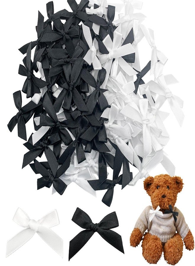 OWMOSYX 100PCS Premade Mini Bows DIY Satin Fabric Ribbon Twist Tie Bows for Cake Treat Bags Gift Wrapping Decor (White and Black - Image 1