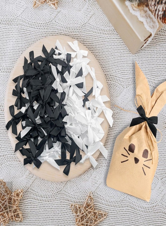 OWMOSYX 100PCS Premade Mini Bows DIY Satin Fabric Ribbon Twist Tie Bows for Cake Treat Bags Gift Wrapping Decor (White and Black - Image 4