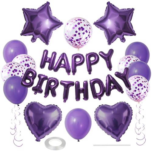 WEIKA 27 Pcs Purple Birthday Decorations 3D Letters Dark Purple Happy Birthday Balloon Banner Pentagram Heart Foil Balloons Confetti Balloons Kit For Boys Girls Party Supplies - Image 1