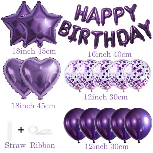 WEIKA 27 Pcs Purple Birthday Decorations 3D Letters Dark Purple Happy Birthday Balloon Banner Pentagram Heart Foil Balloons Confetti Balloons Kit For Boys Girls Party Supplies - Image 5