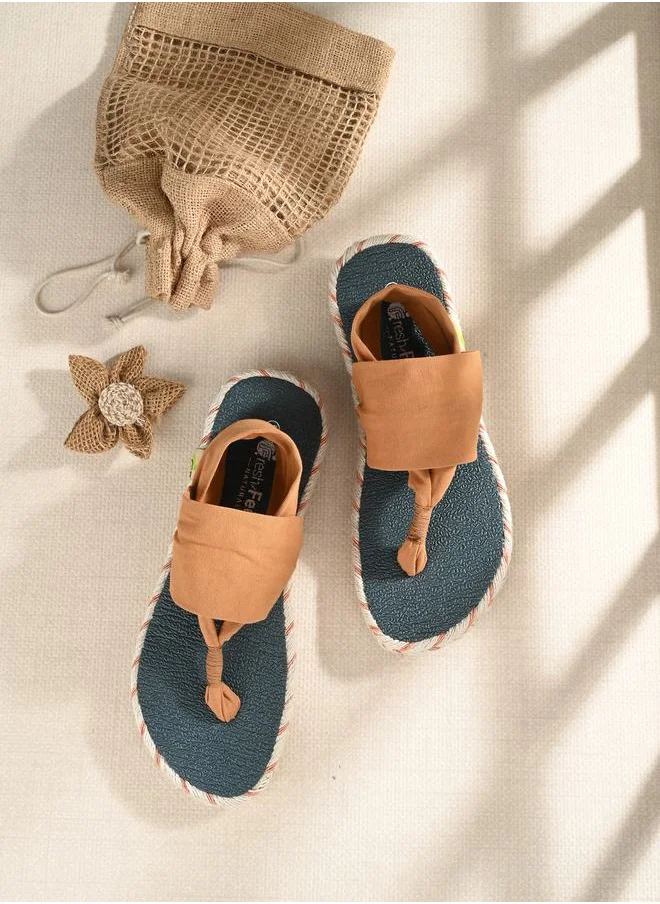 Fresh Feet T-Strap Slingback Flat Sandals by Styli
