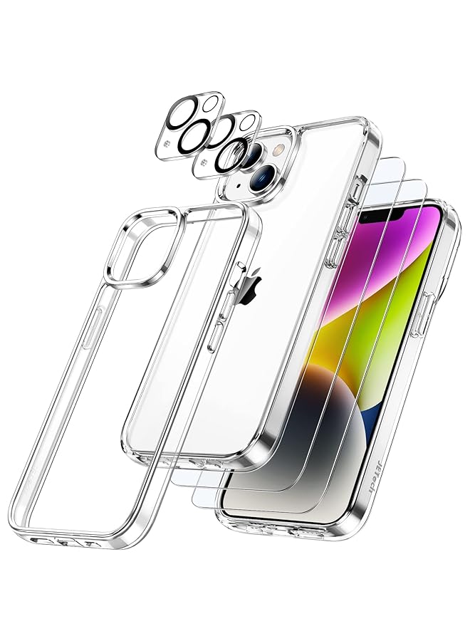 جي تيك حافظة 3 في 1 لهاتف آيفون 14 بلس مقاس 6.7 بوصة مع عبوتين من واقي الشاشة وعبوتين من واقي عدسة الكاميرا لتغطية كاملة من الزجاج المقسى وغطاء هاتف ممتص للصدمات شفاف - Image 1