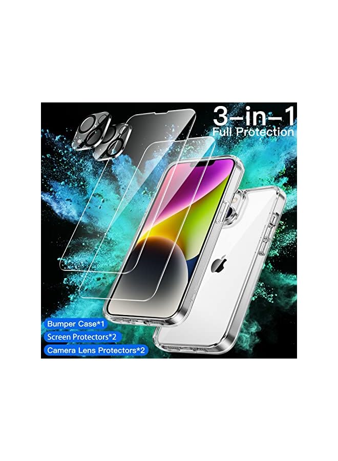 جي تيك حافظة 3 في 1 لهاتف آيفون 14 بلس مقاس 6.7 بوصة مع عبوتين من واقي الشاشة وعبوتين من واقي عدسة الكاميرا لتغطية كاملة من الزجاج المقسى وغطاء هاتف ممتص للصدمات شفاف - Image 2