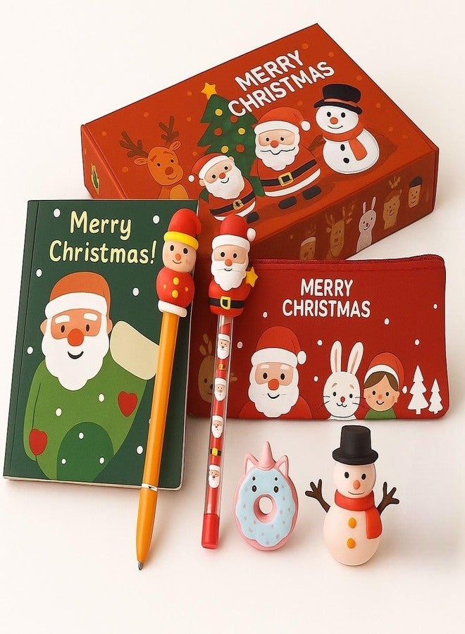 Le Delite Merry Christmas Stationery Gift Set for Kids, Santa Claus School Supplies with Diary, Zipper Pouch, Pen, Pencil, 2 Erasers in Goody Box, Christmas Theme - Image 1