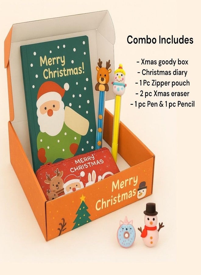 Le Delite Merry Christmas Stationery Gift Set for Kids, Santa Claus School Supplies with Diary, Zipper Pouch, Pen, Pencil, 2 Erasers in Goody Box, Christmas Theme - Image 2